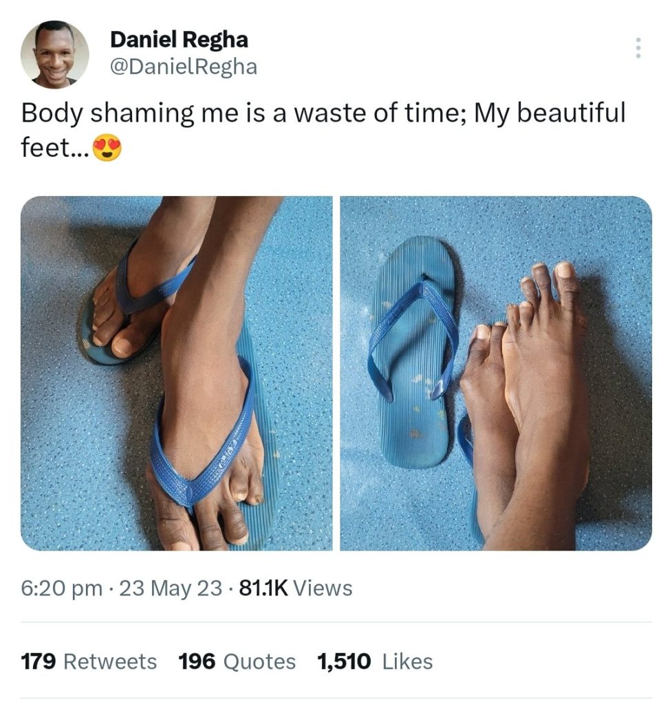 “It’s a waste of time to body shame me” Daniel Regha says as his feet, Netizens react